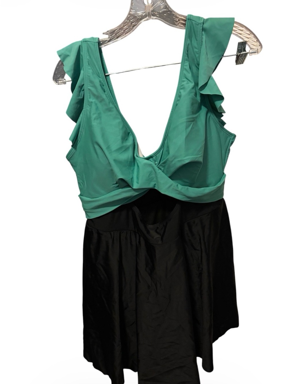 NWOT: size 18W Ruffled V-Neck One-Piece Swim Dress in Green and Black